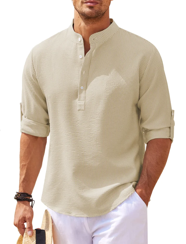 Close-up of a men's long-sleeve urban style shirt, showcasing comfortable fabric and quality design.