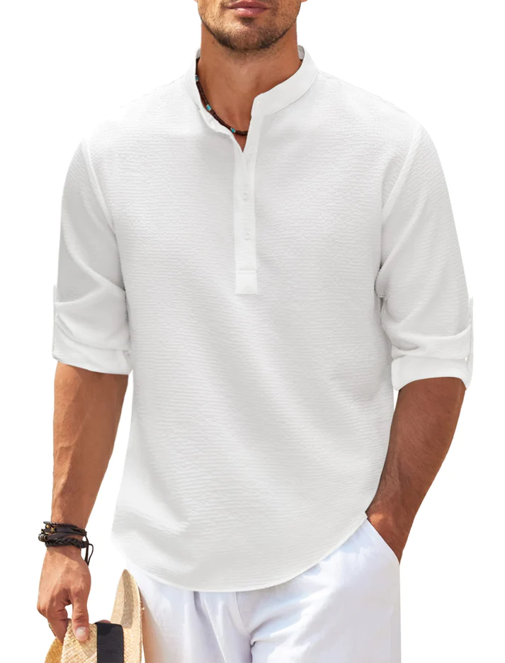 Man wearing an elite casual long-sleeve urban shirt, styled for comfortable men's everyday fashion.