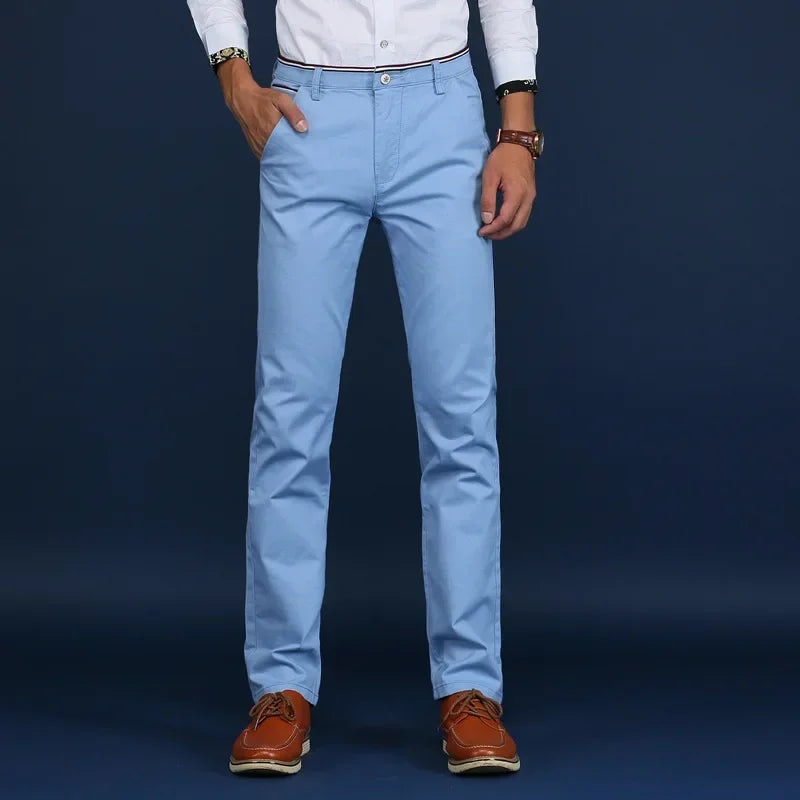 White men's slim fit dress pants. Tailored comfort, professional workwear, and wrinkle-resistant fabric.