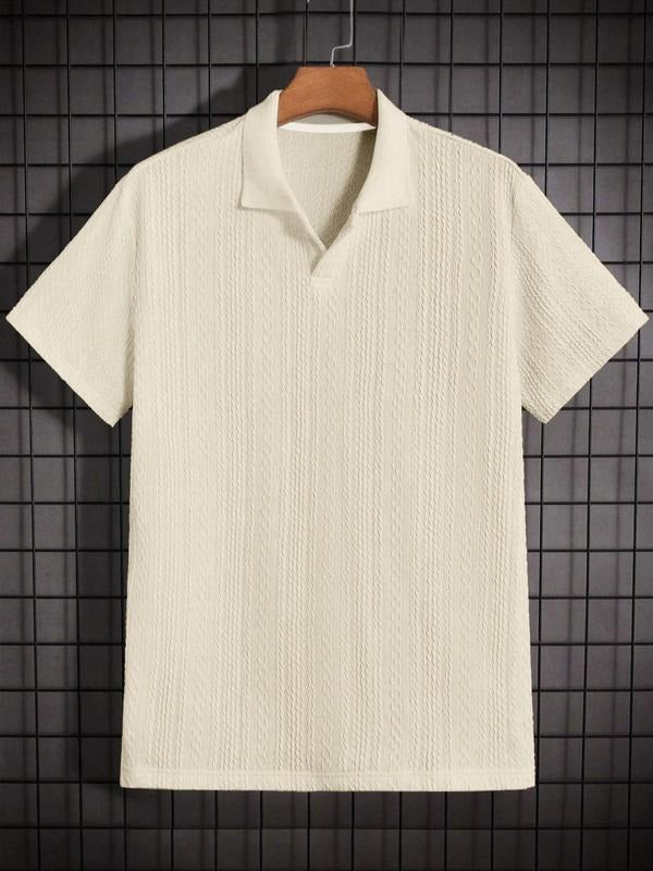 Close-up of men's textured knit polo shirt, showcasing its unique weave & modern, comfortable design.