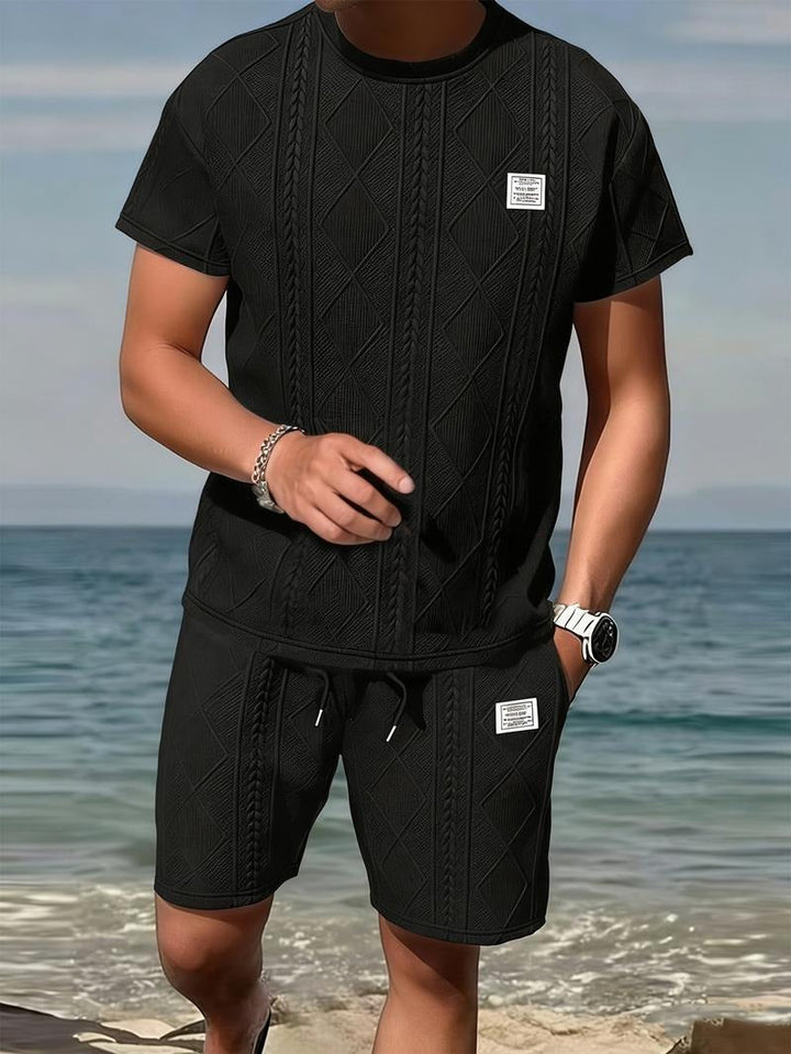 Men's embossed leather style top with unique modern pattern, perfect for casual streetwear fashion.