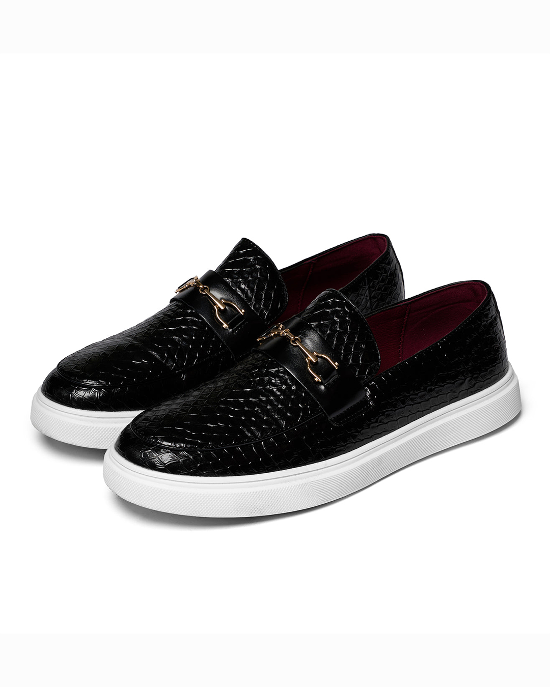 Men's embossed snakeskin pattern loafers with a sleek gold buckle; stylish slip-on dress shoes.