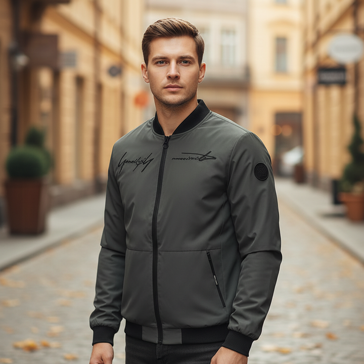 Men's embroidered lightweight bomber jacket Silas, black, polyester, for fall fashion