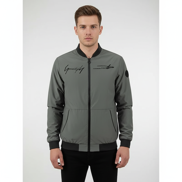 Close-up of men's Silas bomber jacket embroidery, detailed stitching, lightweight