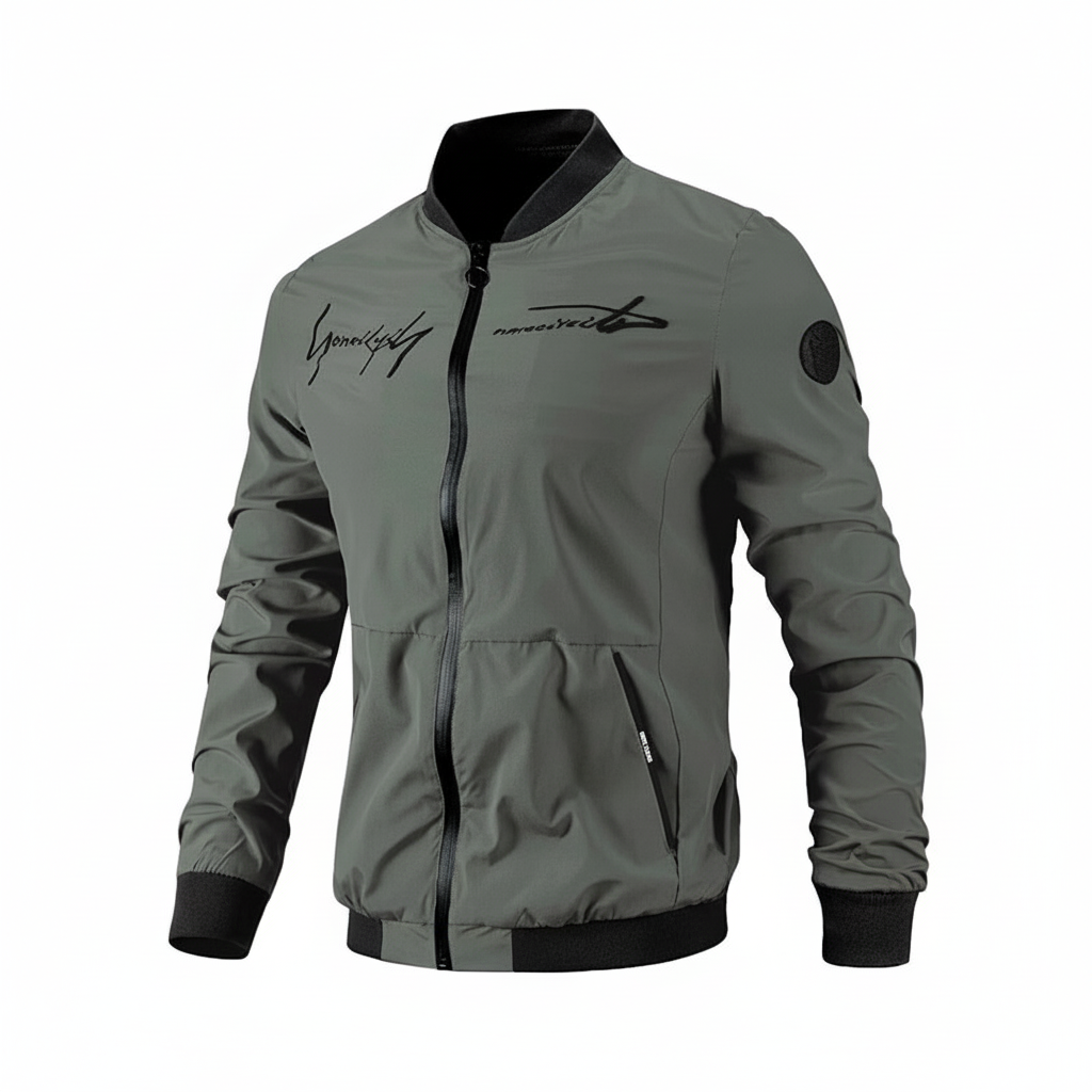 Stylish man wearing an embroidered bomber jacket Silas, casual fall fashion, front view
