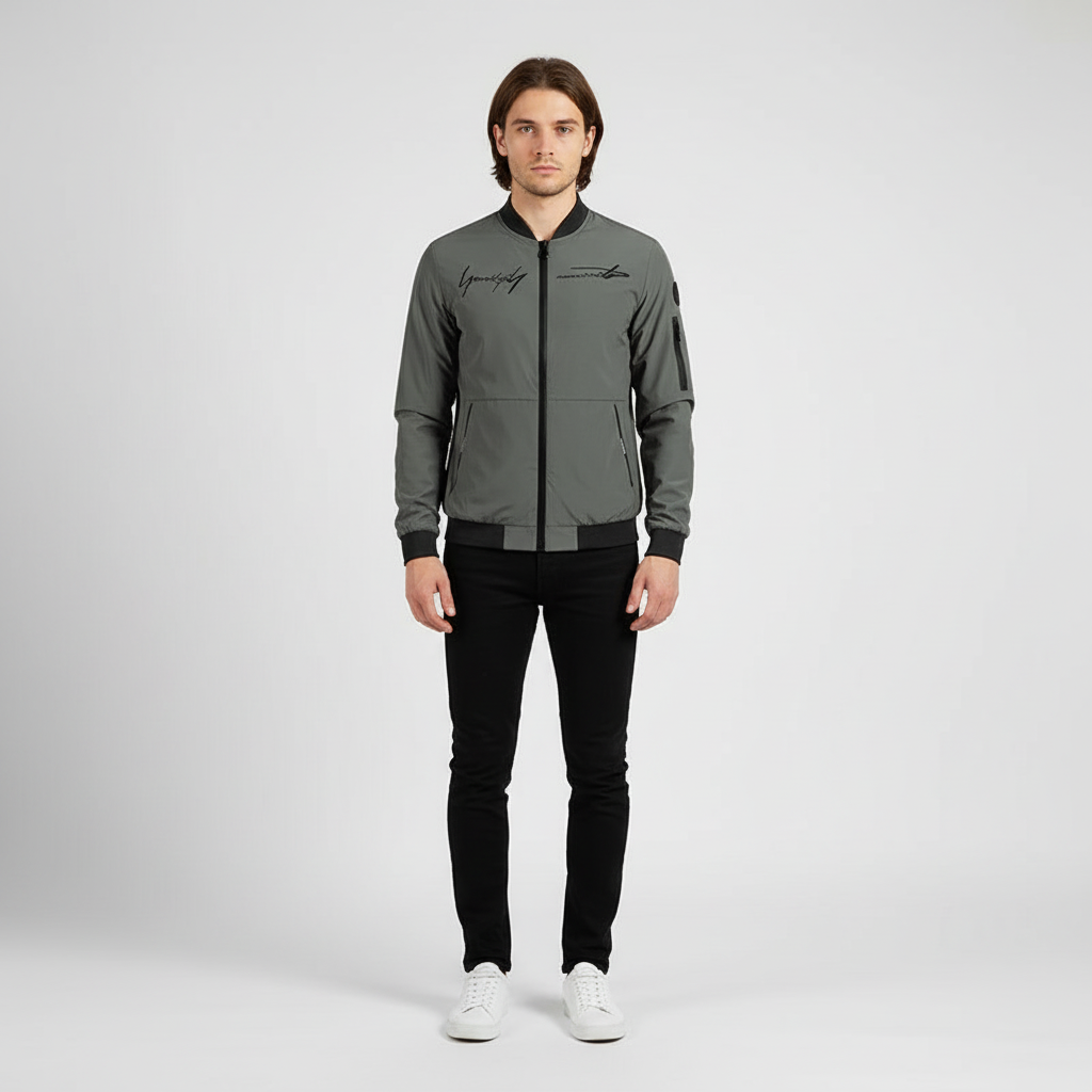 Back view of men's embroidered bomber jacket Silas, lightweight outerwear, spring wear