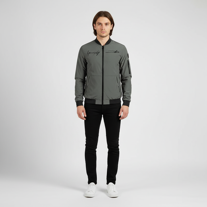 Back view of men's embroidered bomber jacket Silas, lightweight outerwear, spring wear