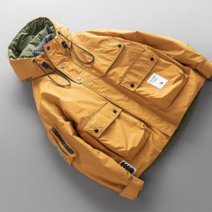 Man wearing stylish Equinox warm winter parka coat outdoors. Perfect for casual cold weather fashion.
