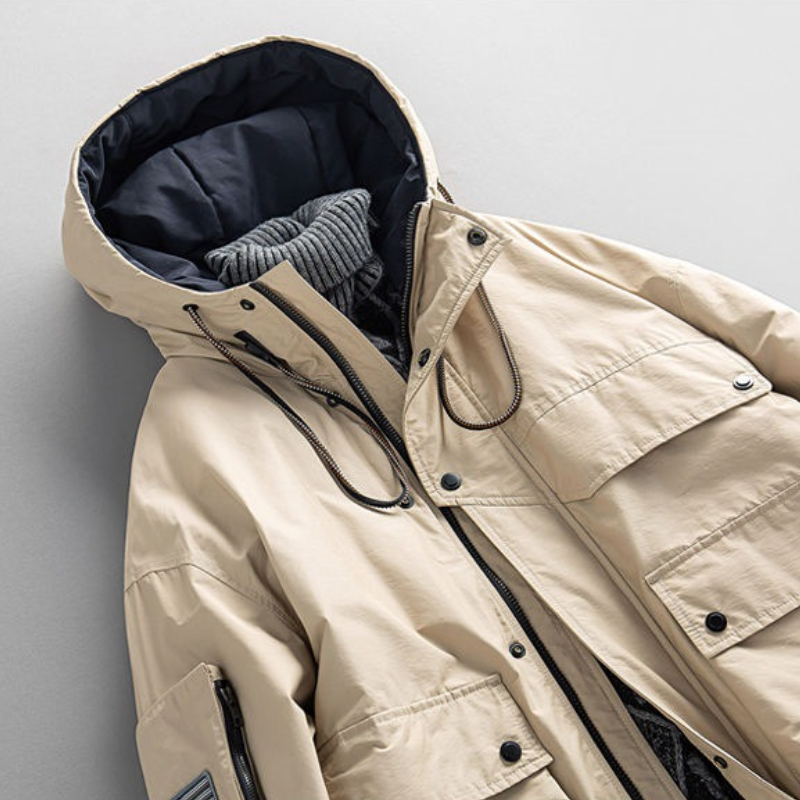 Men's functional Equinox parka, dark color. Warm winter coat for extreme cold weather protection.