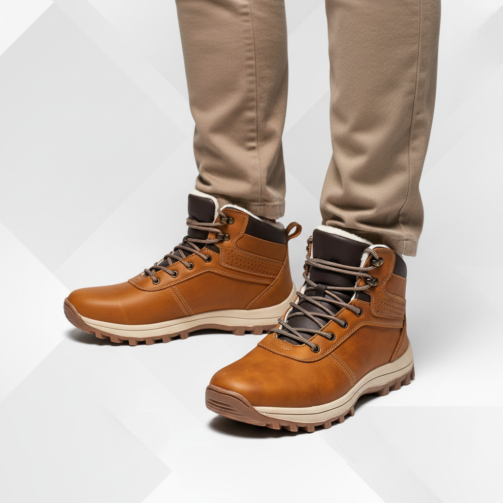 Pair of men's ergonomic winter boots with warm lining and robust non-slip sole