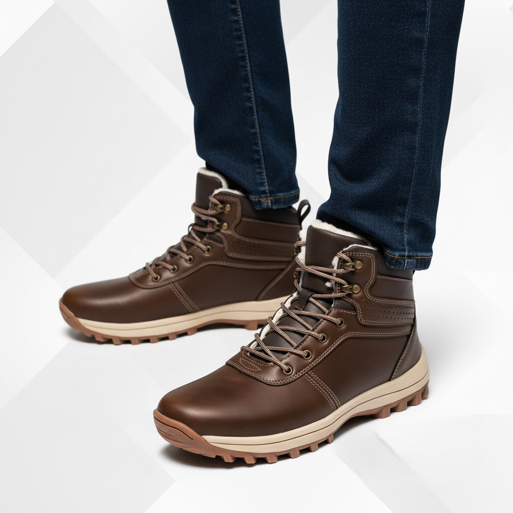 Man wearing men's ergonomic lined winter boots, suitable for cold weather and outdoor wear