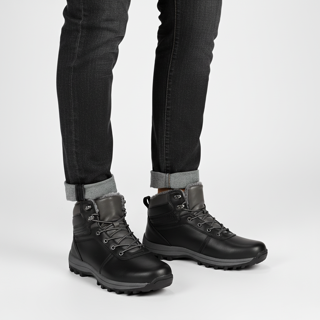 Detail of ergonomic men's winter boot lining, showing comfort and warmth for cold days