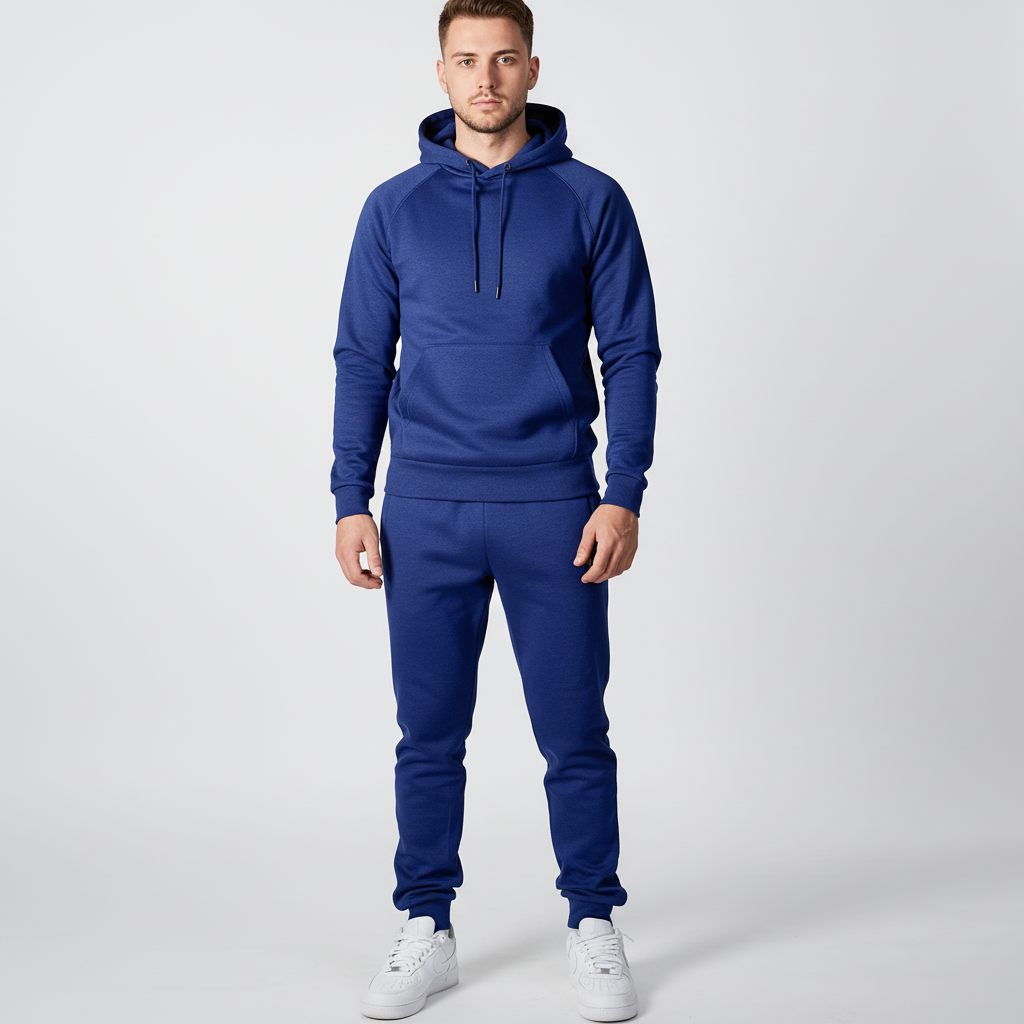 Full view of men's polyester tracksuit, Eric zip-up hoodie and matching pants for spring autumn
