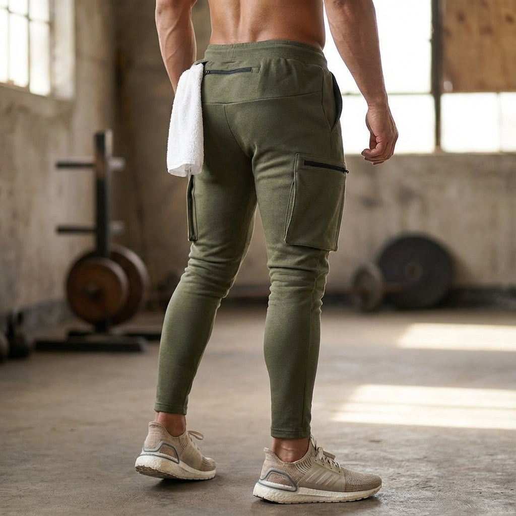 Men's Ernest sporty tapered training joggers in black, front view, stretch fabric for activewear