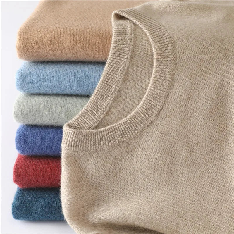 Close-up of the soft texture on a men's essential crewneck sweater, emphasizing comfort and quality.