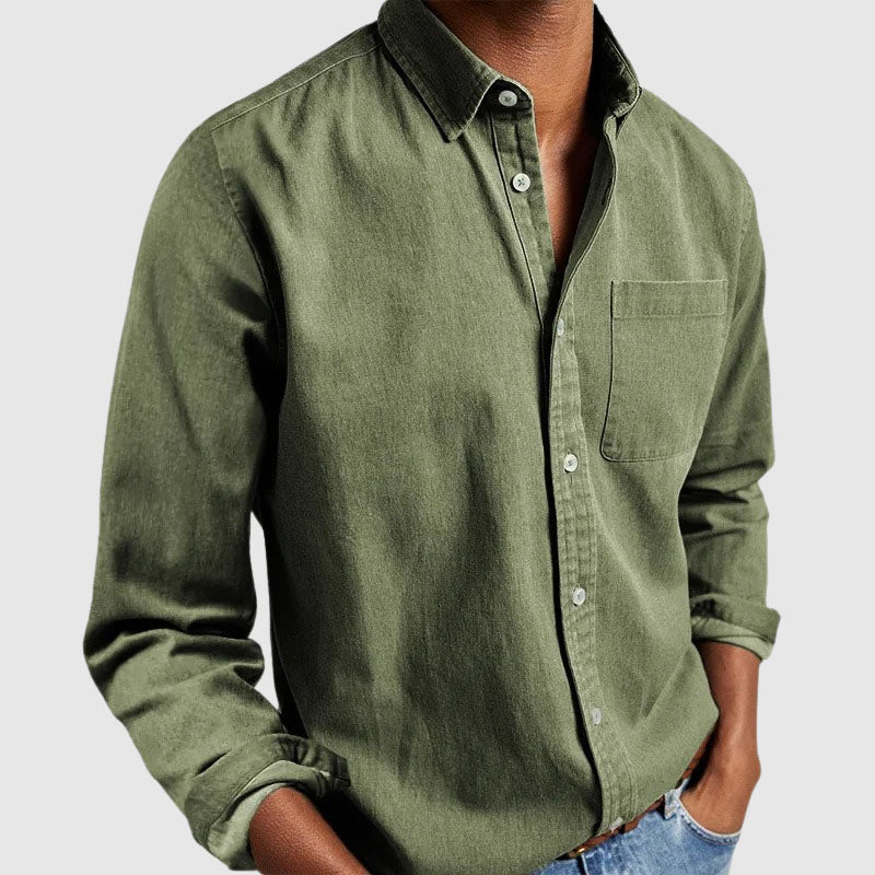 Wardrobe essential men's button-up shirt, comfortable long sleeve design for everyday fashion and work.