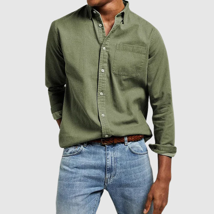 Stylish men's long sleeve button-up shirt in multiple colors, a comfortable and versatile essential for any wardrobe.