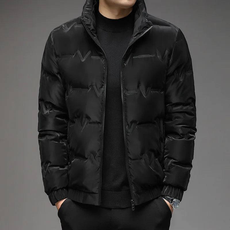 Stylish gray Men's Everest Puffer Jacket. Warm, insulated outerwear for cold weather fashion.