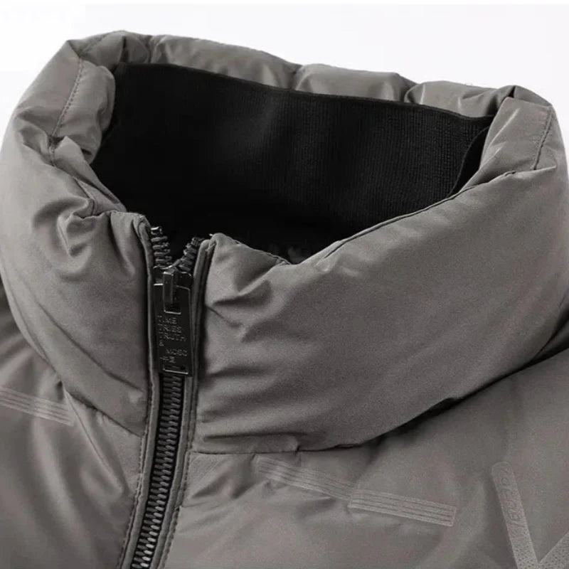 White Men's Everest Puffer Jacket. Insulated, cozy outerwear for extreme cold & stylish men's fashion.