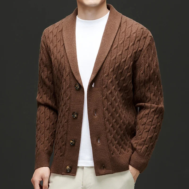 Men's Everett button-up knit cardigan. Versatile style for autumn and winter layering.