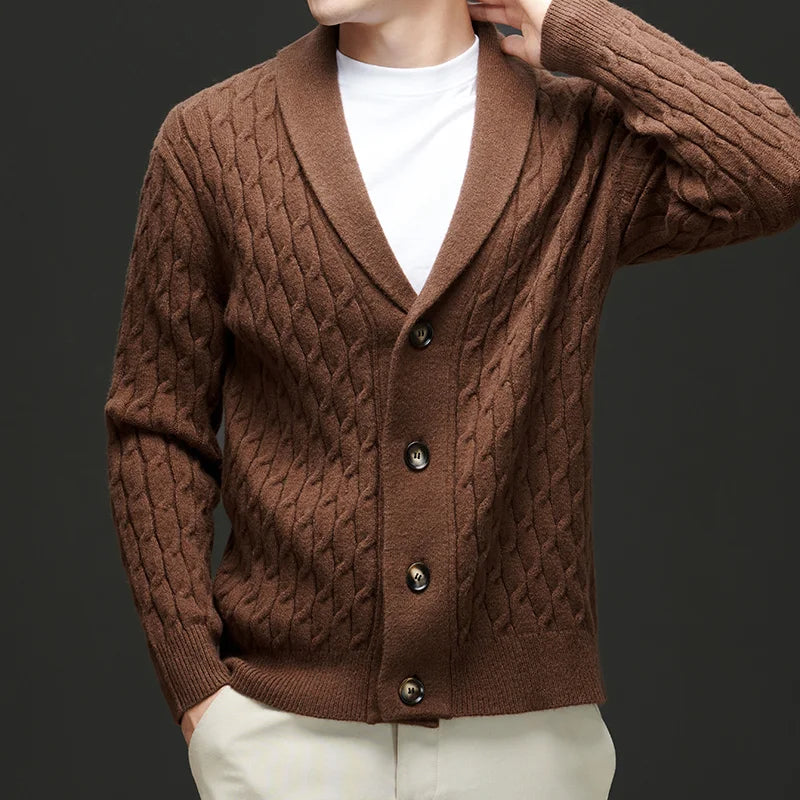 Close-up of a men's knit Everett cardigan, showcasing cozy texture and button details for versatile wear.
