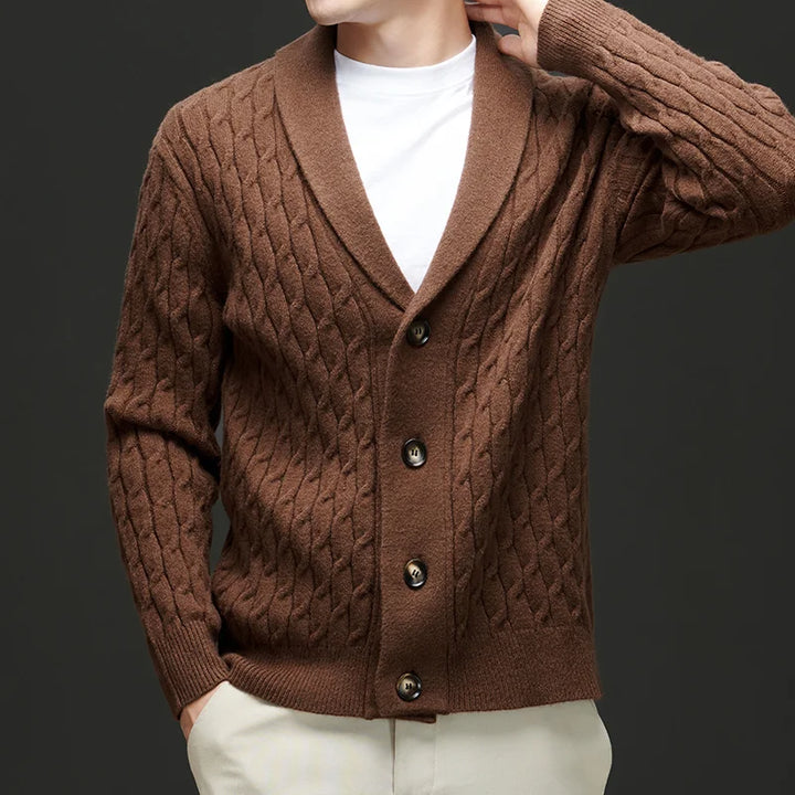 Close-up of a men's knit Everett cardigan, showcasing cozy texture and button details for versatile wear.