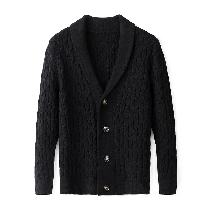 Men's Everett cardigan, a comfortable knit button-up, showing its versatile fit and quality for layering.