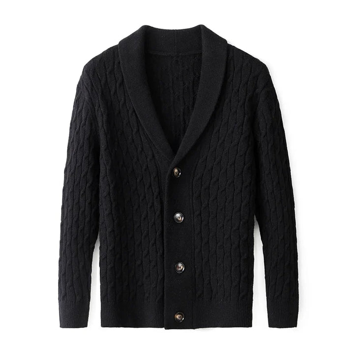 Men's Everett cardigan, a comfortable knit button-up, showing its versatile fit and quality for layering.