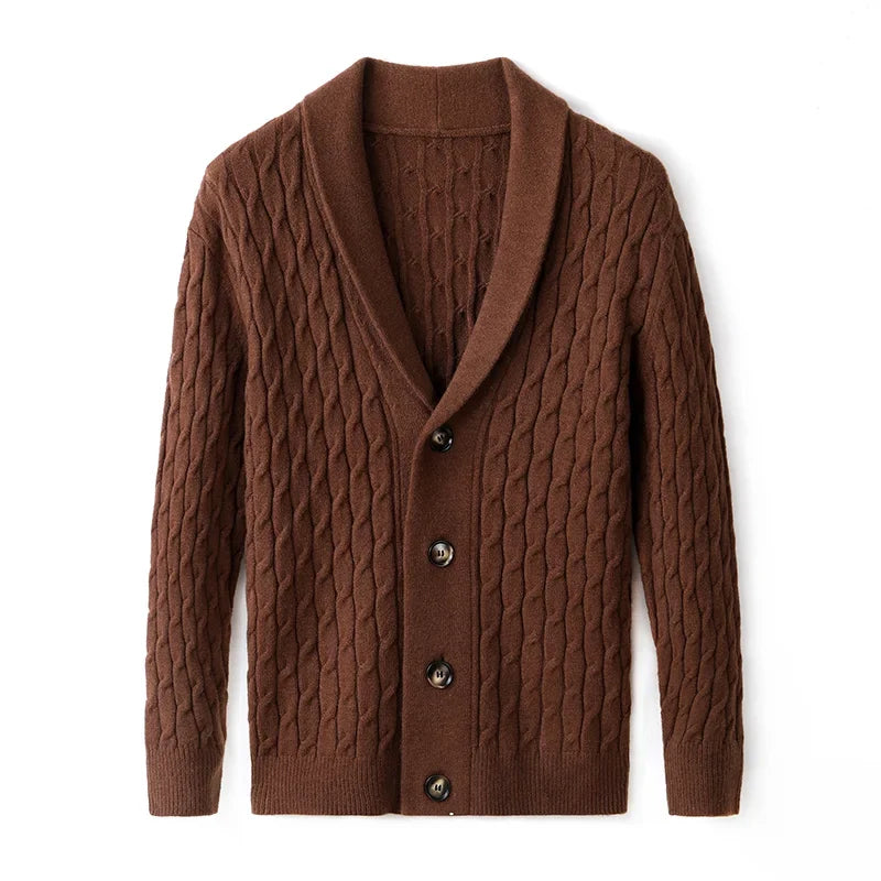 Detail of the buttons and knit texture on a men's Everett versatile button-up cardigan, highlighting craftsmanship.