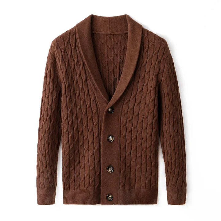 Detail of the buttons and knit texture on a men's Everett versatile button-up cardigan, highlighting craftsmanship.