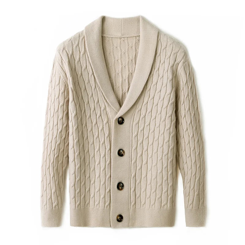 Warm men's Everett knit cardigan, perfect for versatile layering in cold autumn and winter weather. Essential.