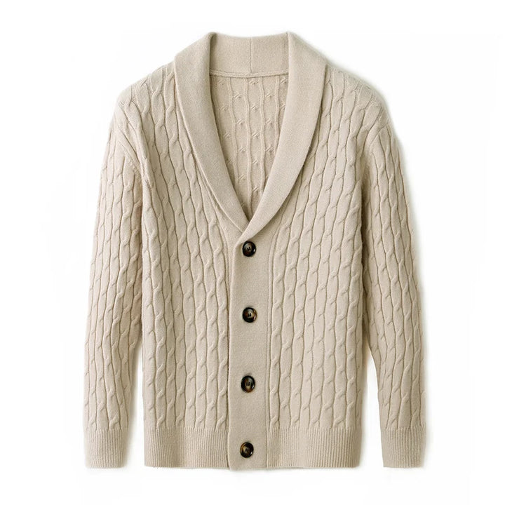 Warm men's Everett knit cardigan, perfect for versatile layering in cold autumn and winter weather. Essential.