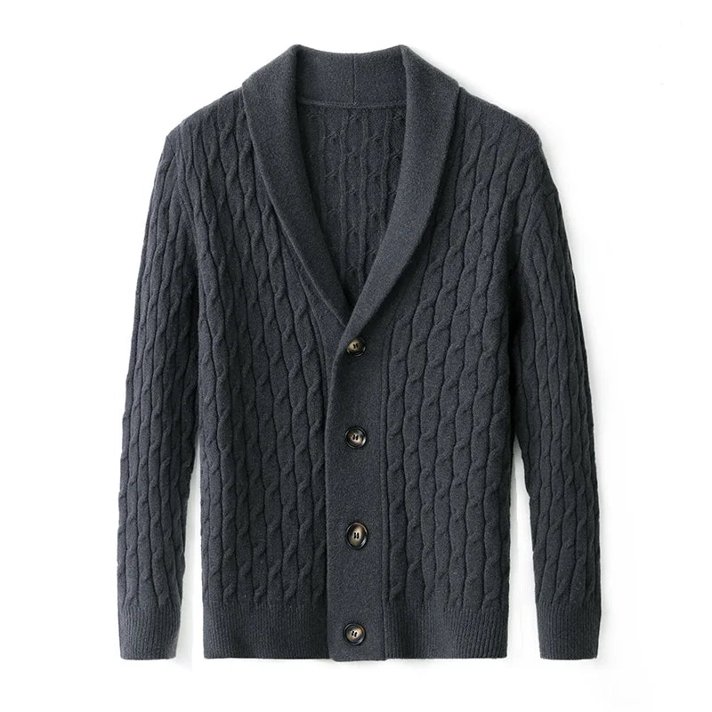 Man wearing a versatile Everett button-up knit cardigan, comfortable and stylish for various occasions. Men's fashion.