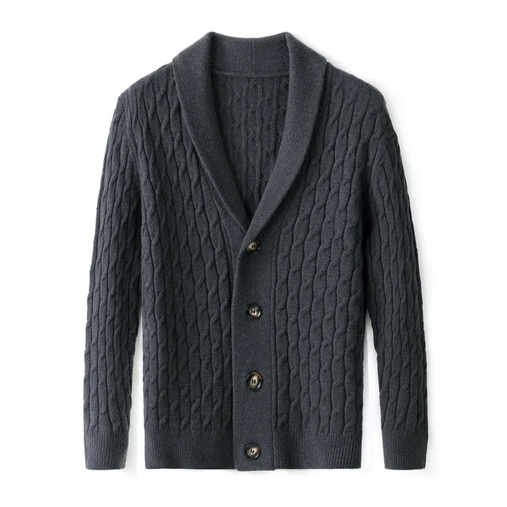 Man wearing a versatile Everett button-up knit cardigan, comfortable and stylish for various occasions. Men's fashion.