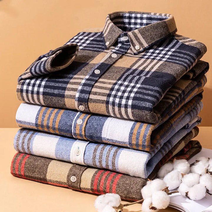 Versatile men's flannel, long sleeve button-up, casual everyday comfort apparel.