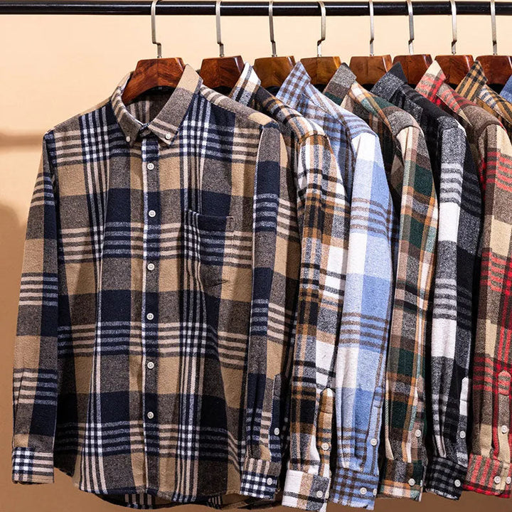 Man modeling a versatile men's flannel shirt, casual button-up, ideal everyday style.