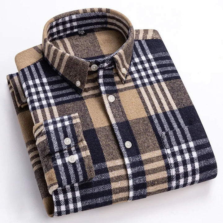 Tailored fit men's button-up flannel shirt, stylish long sleeve casual top.