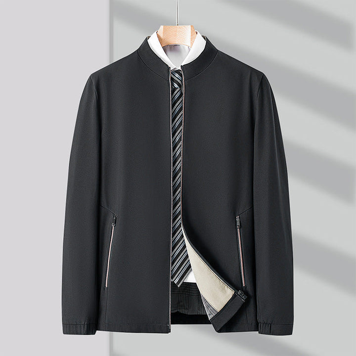 Black men's comfort jacket with zippered pockets, versatile for any casual outfit.