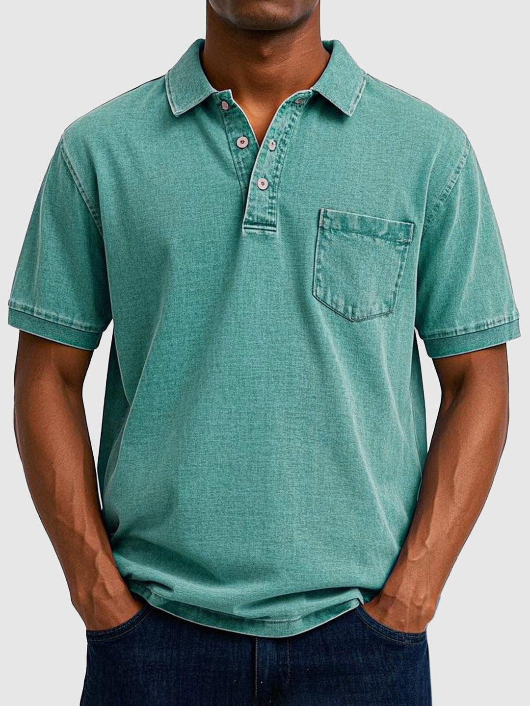 Versatile men's regular fit polo top, comfortable for everyday wear. Features short sleeves & button collar.