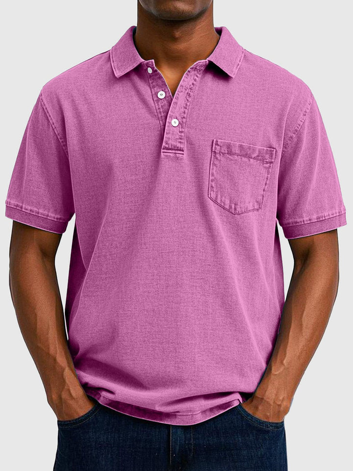 Men's apparel: regular fit short sleeve polo shirt, button collar. Ideal comfortable casual top for everyday.