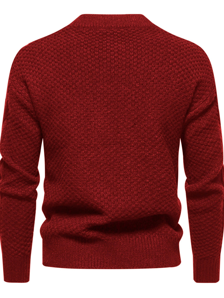 Theo men's soft knit jumper. Comfortable long sleeve round neck sweater for versatile everyday fashion.