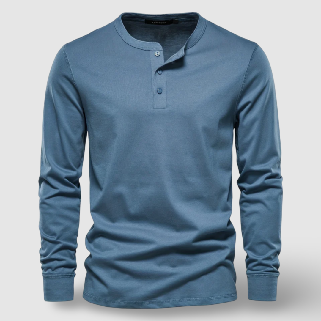 Comfortable men's long sleeve henley shirt, ideal for everyday casual style and all-season wear.