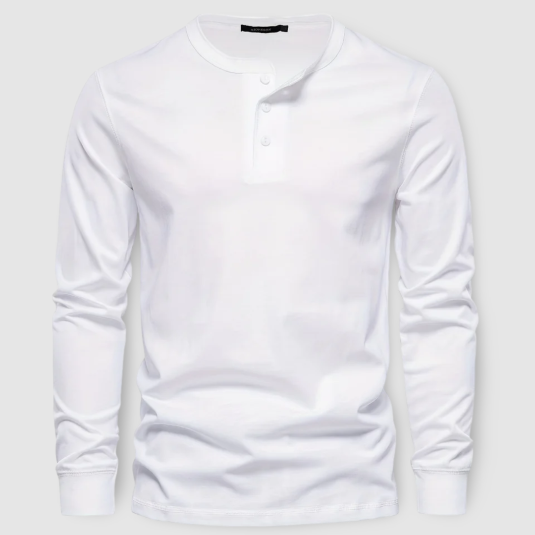 Everyday men's long sleeve henley shirt, offering casual comfort and timeless style.