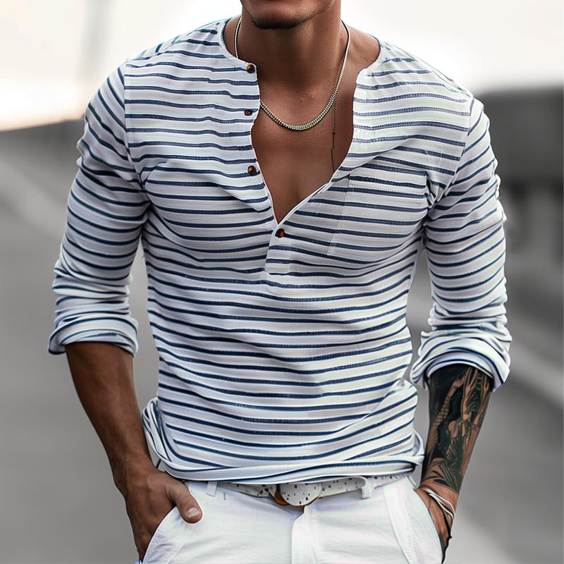 Close-up of men's striped Henley long sleeve shirt, Ewan, showcasing button placket and fabric texture