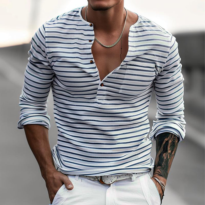 Close-up of men's striped Henley long sleeve shirt, Ewan, showcasing button placket and fabric texture
