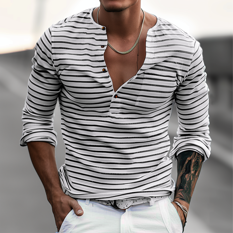 Stylish men's Ewan striped Henley long sleeve shirt in grey and black, ideal for casual wear