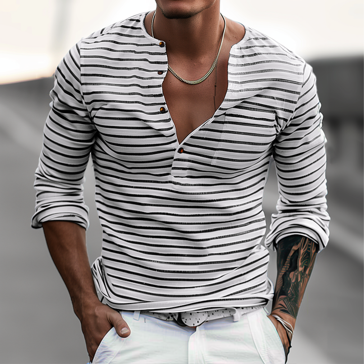 Stylish men's Ewan striped Henley long sleeve shirt in grey and black, ideal for casual wear