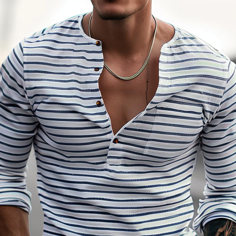 Folded Ewan men's striped Henley long sleeve shirt, cotton blend, ready for comfortable everyday wear