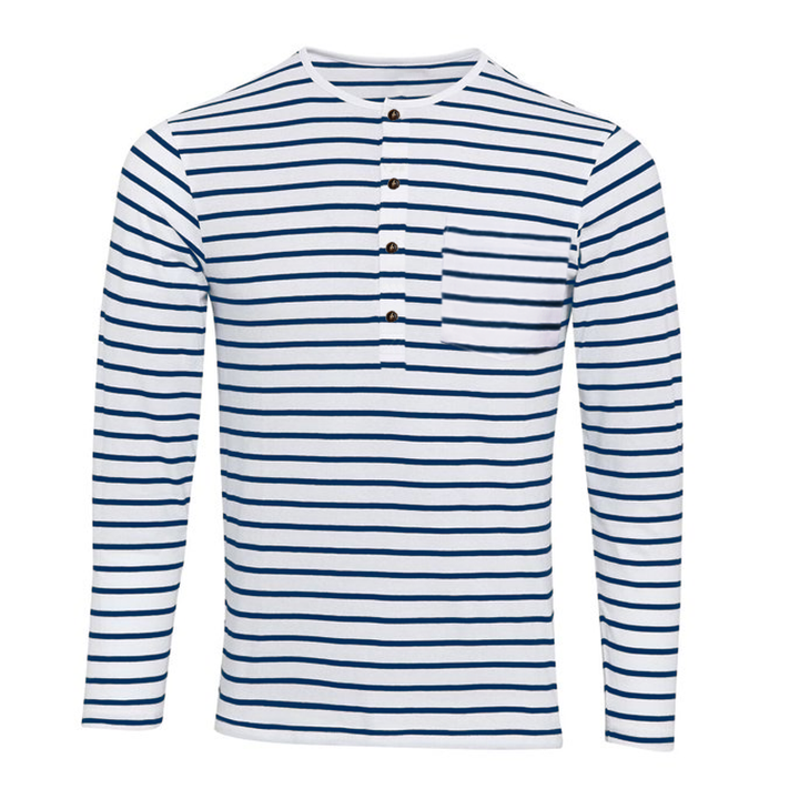 Detailed view of collar and cuffs on a men's Ewan striped Henley long sleeve shirt, casual and fashionable
