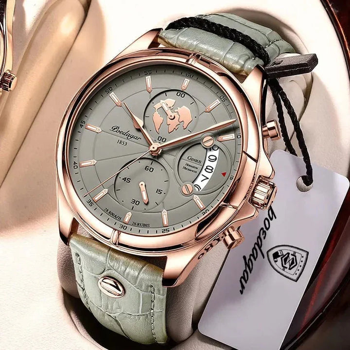 Sophisticated men's executive chronograph watch, ideal for business attire. Water-resistant professional timepiece.